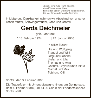 Traueranzeige von Gerda Deichmeier von Eschwege
