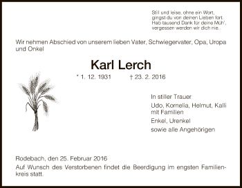 Traueranzeige von Karl Lerch von Eschwege