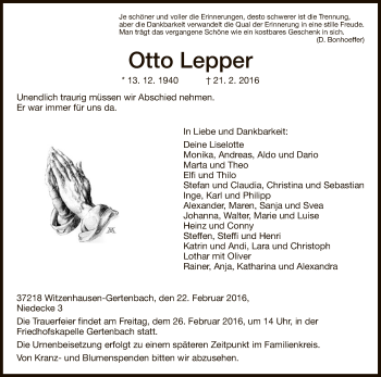 Traueranzeige von Otto Lepper von Eschwege