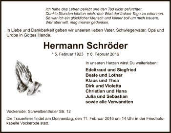 Traueranzeige von Hermann Schröder von Eschwege