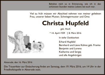 Traueranzeige von Christa Hupfeld von Eschwege