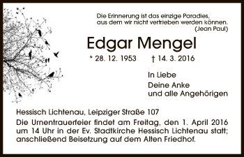 Traueranzeige von Edgar Mengel von Eschwege