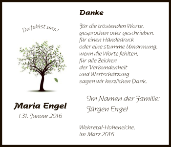 Traueranzeige von Maria Engel von Eschwege
