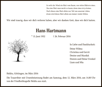 Traueranzeige von Hans Hartmann von Eschwege