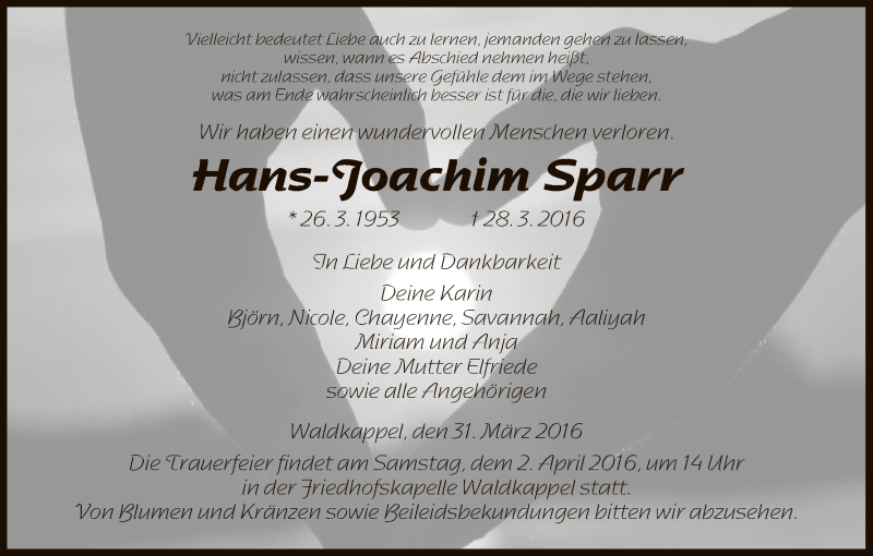  Traueranzeige für Hans-Joachim Sparr vom 31.03.2016 aus Eschwege