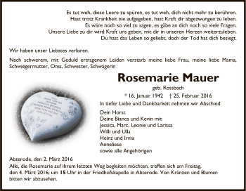 Traueranzeige von Rosemarie Mauer von Eschwege