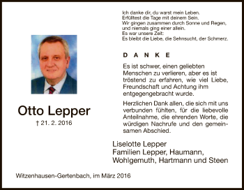 Traueranzeige von Otto Lepper von Eschwege