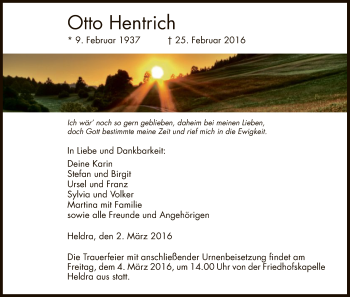 Traueranzeige von Otto Hentrich von Eschwege