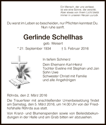 Traueranzeige von Gerlinde Schellhas von Eschwege