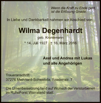 Traueranzeige von Wilma Degenhard von Eschwege