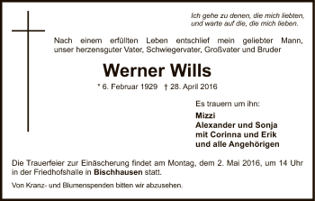 Traueranzeige von Werner Wills von Eschwege