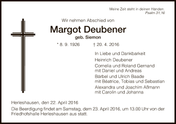 Traueranzeige von Margot Deubener von Eschwege