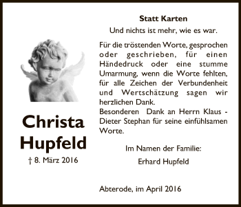 Traueranzeige von Christa Hupfeld von Eschwege