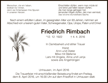 Traueranzeige von Friedrich Rimbach von Eschwege