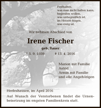 Traueranzeige von Irene Fischer von Werra Rundschau