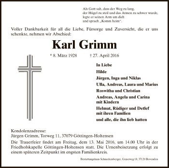 Traueranzeige von Karl Grimm von Eschwege