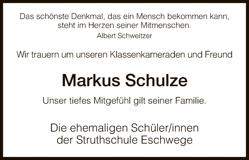  Traueranzeige für Markus Schulze vom 16.04.2016 aus Eschwege