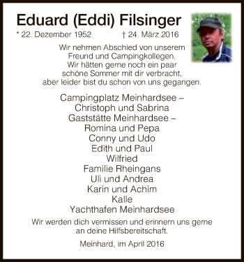 Traueranzeige von Eduard  Filsinger von Eschwege