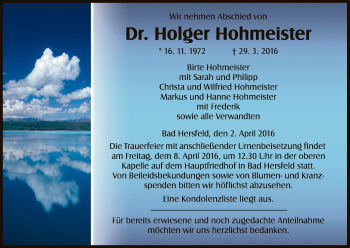 Traueranzeige von Holger Hohmeister von Eschwege