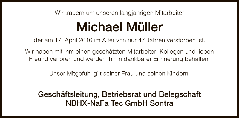  Traueranzeige für Michael Müller vom 27.04.2016 aus Eschwege