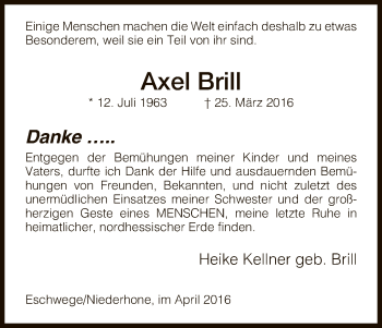 Traueranzeige von Axel Brill von Eschwege