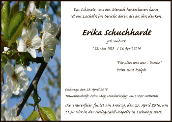 Traueranzeige von Erika Schuchhardt von Eschwege