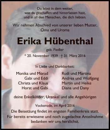 Traueranzeige von Erika Hübenthal von Eschwege