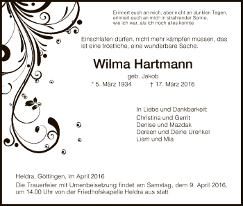 Traueranzeige von Wilma Hartmann von Eschwege