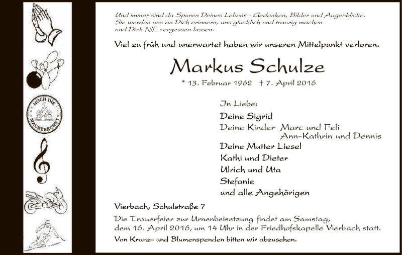  Traueranzeige für Markus Schulze vom 13.04.2016 aus Eschwege