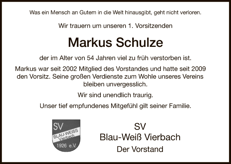  Traueranzeige für Markus Schulze vom 16.04.2016 aus Eschwege