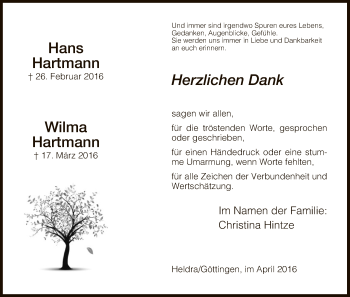 Traueranzeige von Wilma Hartmann von Eschwege