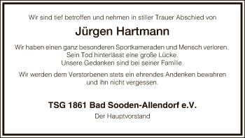 Traueranzeige von Jürgen Hartmann von Eschwege