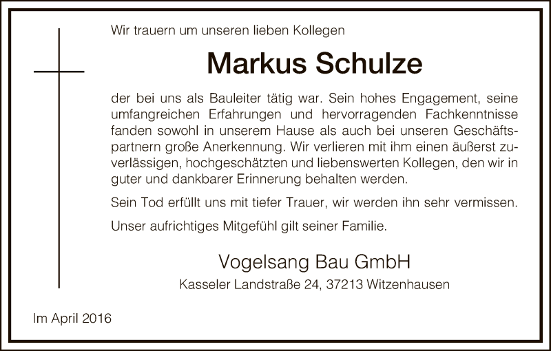  Traueranzeige für Markus Schulze vom 14.04.2016 aus Eschwege