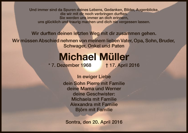 Traueranzeige für Michael Müller vom 20.04.2016 aus Eschwege