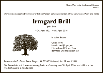 Traueranzeige von Irmgard Brill von Eschwege