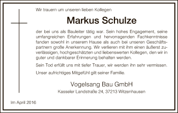 Traueranzeige von Markus Schulze von Eschwege