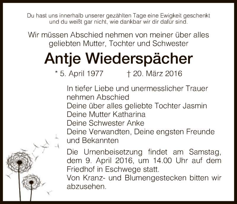  Traueranzeige für Antje Wiederspächer vom 06.04.2016 aus Eschwege