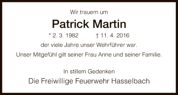 Traueranzeige von Patrick Martin von Eschwege