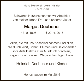 Traueranzeige von Margot Deubner von Eschwege