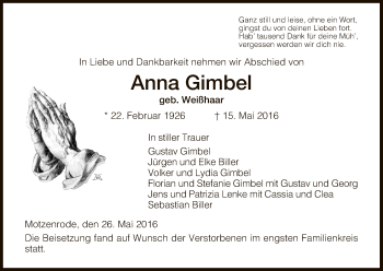 Traueranzeige von Anna Gimbel von Werra Rundschau