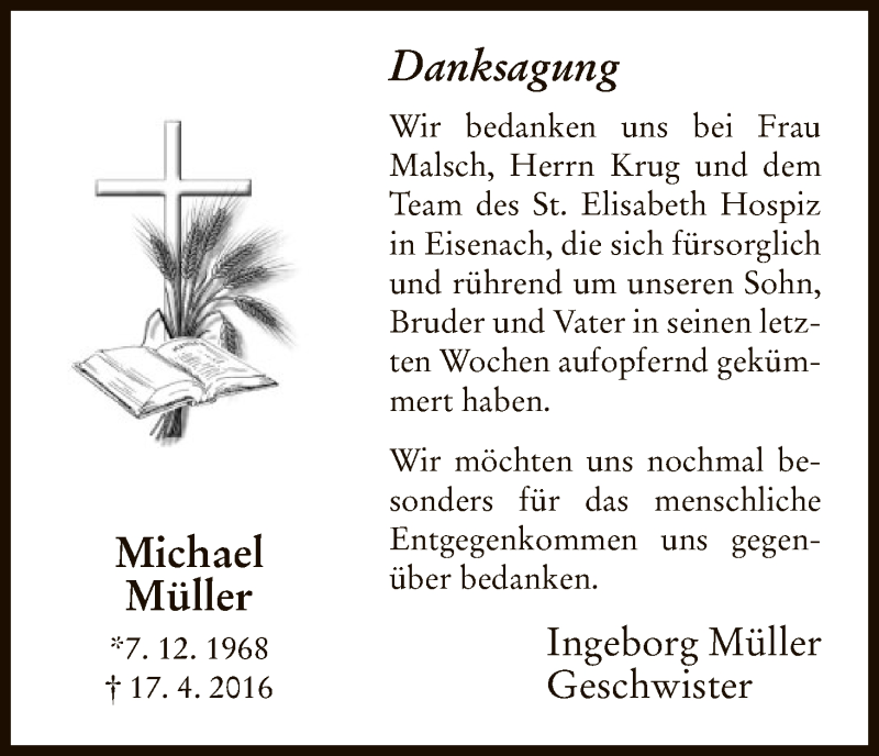  Traueranzeige für Michael Müller vom 07.05.2016 aus Eschwege