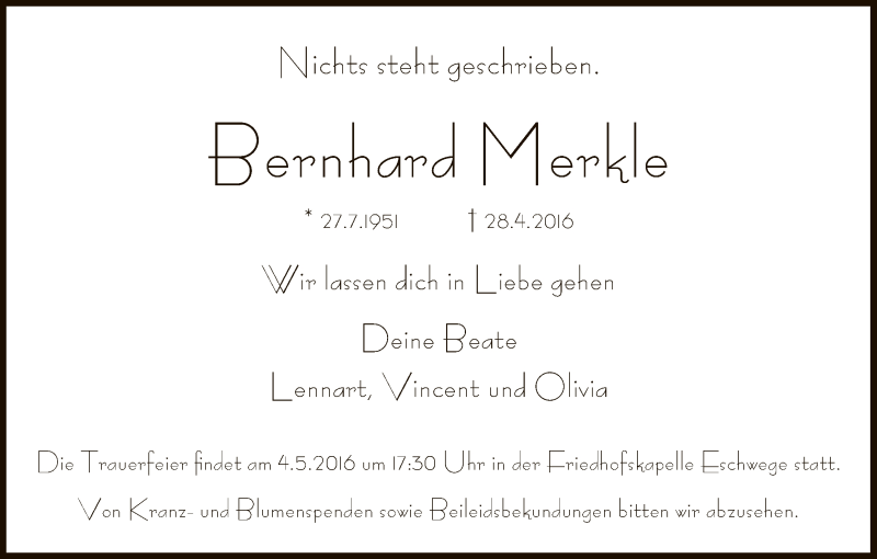 Traueranzeige für Bernhard Merkle vom 02.05.2016 aus Eschwege