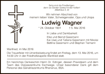 Traueranzeige von Ludwig Wagner von Eschwege