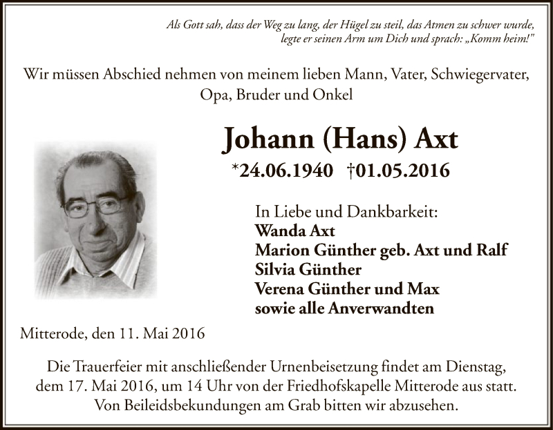  Traueranzeige für Johann Axt vom 11.05.2016 aus Eschwege