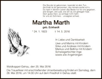 Traueranzeige von Martha Marth von Eschwege