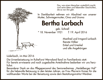 Traueranzeige von Bertha Lorbach von Eschwege