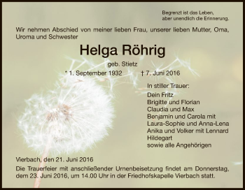 Traueranzeige von Helga Röhrig von Eschwege