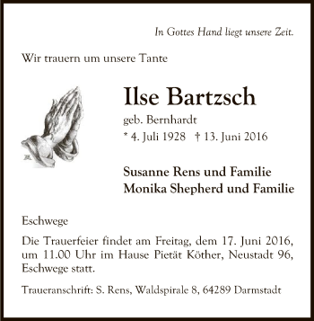 Traueranzeige von Ilse Bartzsch von Eschwege