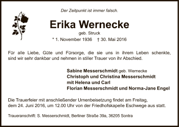 Traueranzeige von Erika Wernecke von Eschwege