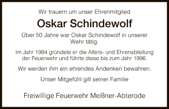 Traueranzeige von Oskar Schindewolf von Eschwege